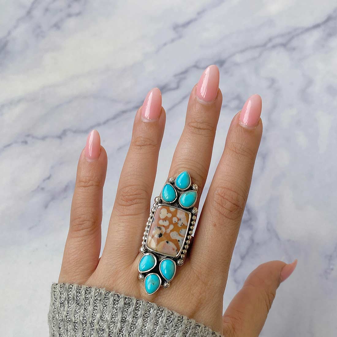 Deerfawn Jasper And Turquoise Crawler Adjustable Ring-(DFJ-CLS-1.)